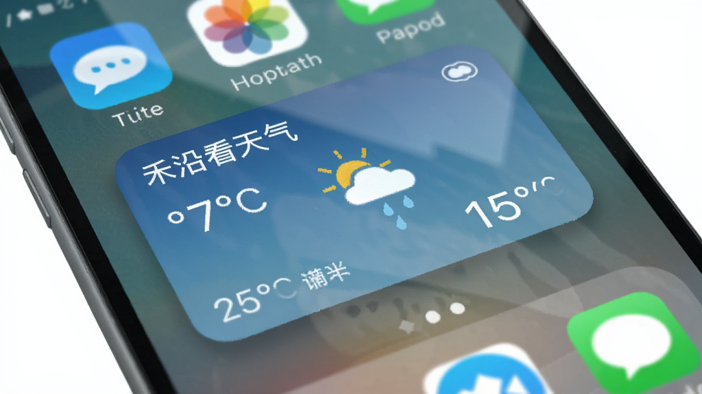 一张手机桌面展示小组件的图片,画面主体是手机主屏幕,屏幕上有一个天气小组件显示“禾沿看天气”的温度和天气图标,周围有其他应用图标。布局自然,风格写实,细节包括小组件的阴影和屏幕反光,画质高清,背景干净。