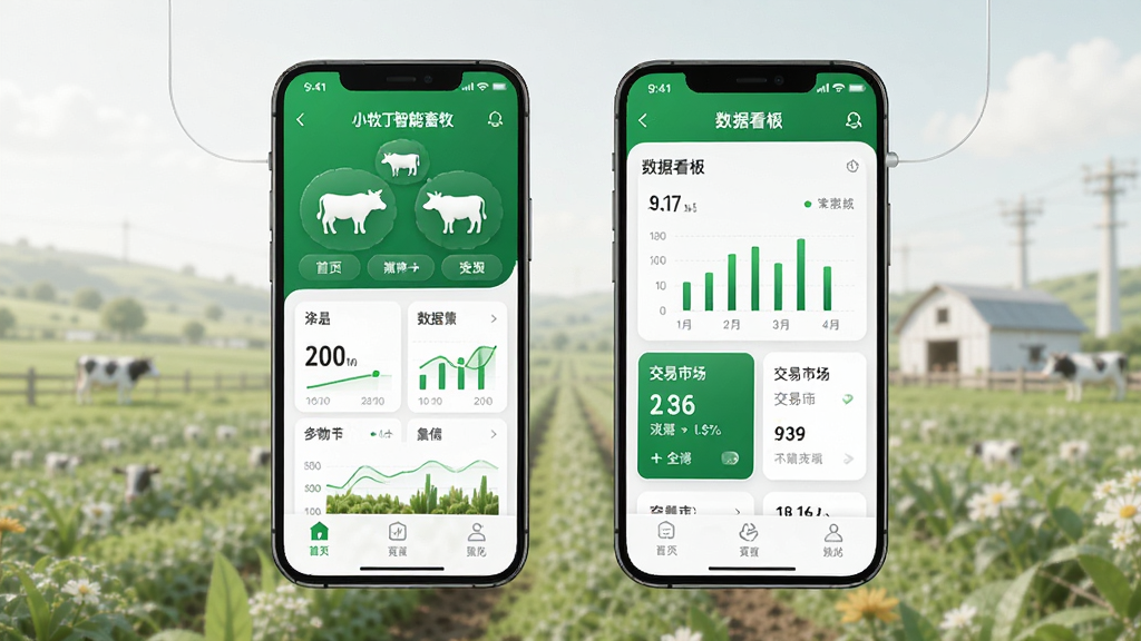 主体是小牧丁智慧畜牧APP的界面展示,布局为手机屏幕居中悬浮,排版为上下结构展示首页与数据看板,风格为现代科技农业风,细节包括绿色主色调、牲畜图标、数据图表、交易市场卡片,画质高清,干净,无多余元素
