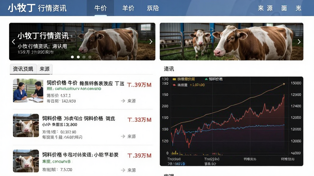 主体是小牧丁行情资讯页面,布局为资讯流与价格走势图,排版上方为头条轮播下方为列表,风格为新闻资讯风,细节包括牛价、羊价、饲料价格、日期标签、来源标识,画质高清,干净,无多余元素