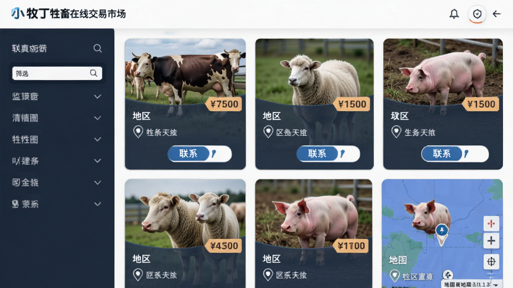主体是小牧丁牲畜在线交易市场界面,布局为列表与地图结合,排版左侧为筛选栏右侧为牲畜卡片,风格为简洁商务风,细节包括牛、羊、猪的缩略图、价格标签、地区位置、联系按钮,画质清晰,干净,无多余元素