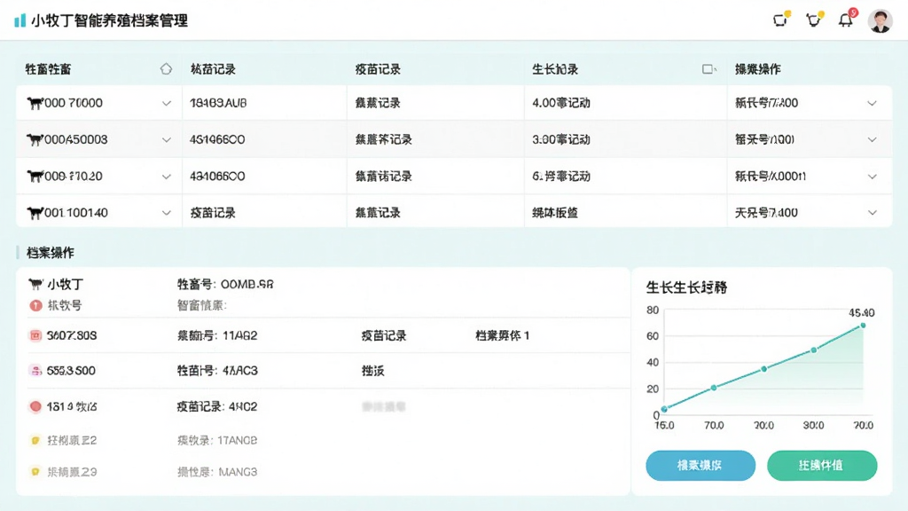主体是小牧丁智慧养殖档案管理界面,布局为表格与详情卡片,排版上方为牲畜列表下方为档案详情,风格为清新浅色风,细节包括耳标号、疫苗记录、生长曲线图、操作按钮,画质高清,干净,无多余元素