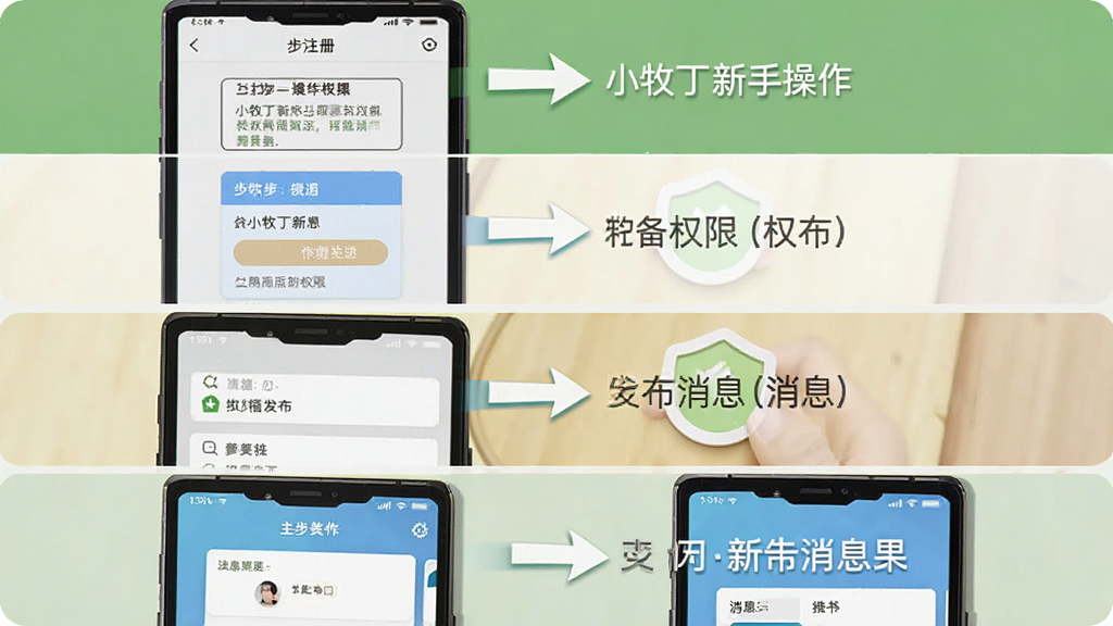 主体是小牧丁新手操作指引手机界面,布局为分步截图排列,排版从上到下展示注册、权限、发布、消息四个步骤,风格为扁平化教程风,细节包括箭头指示、文字标注、手机外框,画质高清,干净,无多余元素