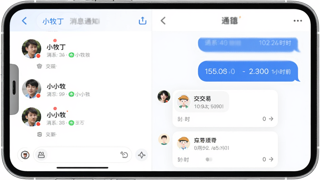 主体是小牧丁消息通知与协同界面,布局为聊天窗口与通知列表,排版左侧为联系人右侧为对话气泡,风格为社交聊天风,细节包括头像、未读红点、交易卡片、时间戳,画质清晰,干净,无多余元素