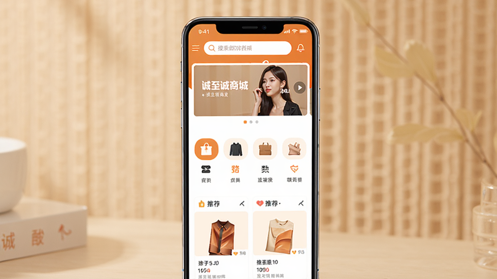 一部智能手机竖屏展示购物应用界面,画面中央是诚至诚商城首页,顶部有搜索栏和轮播图,下方排列着商品分类图标与推荐商品卡片,界面以暖色调为主,风格简洁现代,细节清晰,画质干净,无多余元素