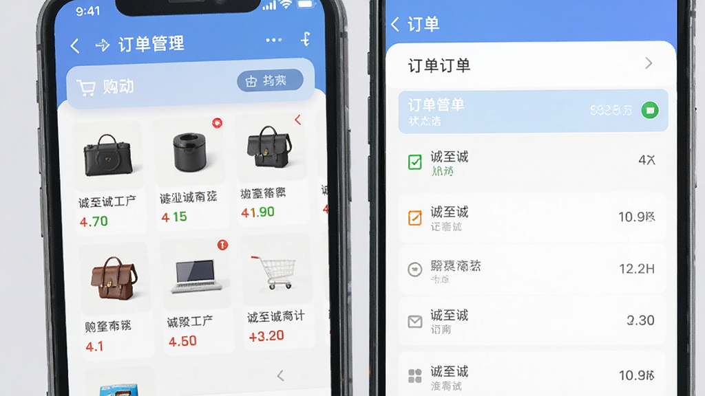 手机屏幕显示诚至诚商城的购物车与订单管理界面,购物车中有多件商品,订单列表按状态分组,整体布局整洁,风格现代,画质干净,无多余元素