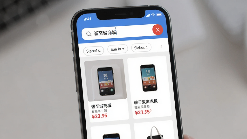 手机界面展示诚至诚商城的搜索结果页,顶部搜索框内有关键词,下方为筛选栏与商品列表,商品卡片包含图片、名称和价格,界面风格简约,画质清晰,无多余元素