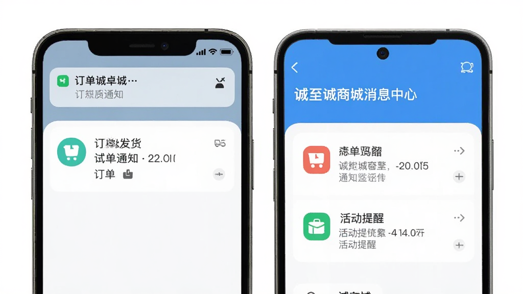 手机通知栏与诚至诚商城消息中心界面,显示订单发货通知和活动提醒,界面简洁,图标清晰,风格统一,画质干净,无多余元素