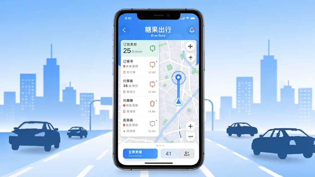 画面中央是一部智能手机,屏幕上显示糖果出行司机端主界面,界面中有订单列表和地图导航模块,背景为城市道路与车辆剪影,整体采用蓝白渐变色调,风格简洁商务,细节清晰,画质高清,干净无多余元素