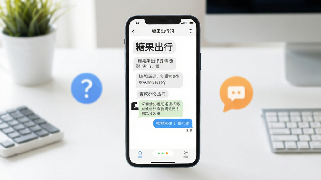 手机屏幕展示糖果出行问答页面与客服对话界面,旁边有问号与对话框图标,背景为简约办公桌面,风格清新明快,细节清晰,画质高清,干净无多余元素
