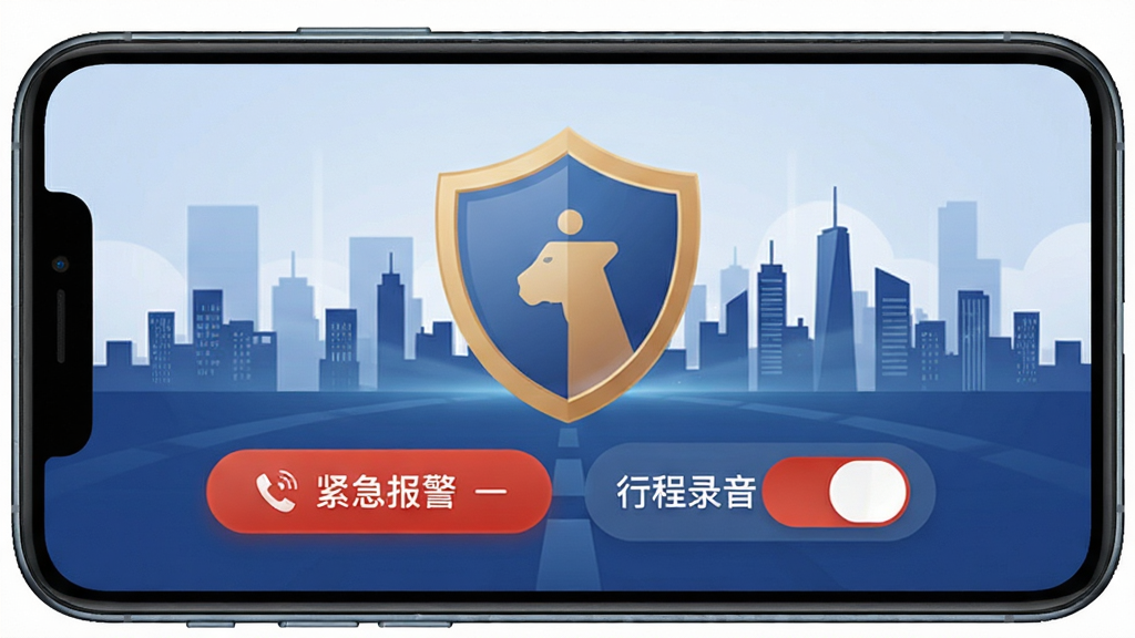 手机界面展示糖果出行安全中心页面,有紧急报警按钮和行程录音开关,背景为盾牌与城市剪影,风格稳重安全,细节清晰,画质高清,干净无多余元素