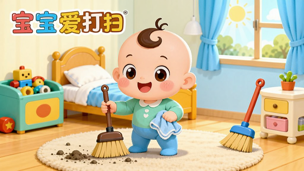 一张色彩明亮、充满童趣的卡通风格插画,主体是一个可爱的卡通宝宝拿着小扫帚和抹布,正在打扫一间温馨的儿童房,房间里有玩具箱、小床和窗户。布局上宝宝位于画面中央偏左,右侧是打扫工具和干净整洁的角落。排版采用横向构图,风格为Q版早教动画风,细节包括宝宝脸上的笑容、地上的灰尘被扫成一堆、窗外透进阳光。画质清晰,色彩饱和度高,画面干净,无多余元素,图片中带有文字“宝宝爱打扫”。