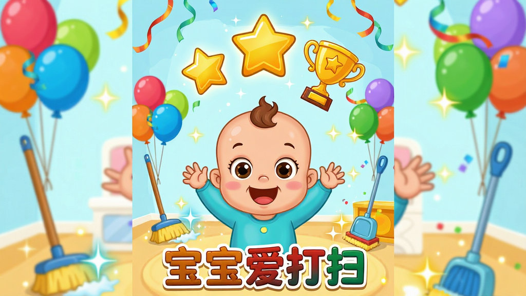 一张卡通风格的奖励界面插图,主体是宝宝巴士的卡通宝宝站在干净整洁的房间中央,头顶漂浮着金色星星和奖杯。布局上宝宝位于画面中心,四周环绕着清洁工具和闪亮的光点。排版为竖版海报风格,风格为欢乐庆祝的早教动画风,细节包括宝宝举起双手欢呼、背景有彩色气球和彩带。画质清晰,色彩鲜艳,画面干净,无多余元素,图片中带有文字“宝宝爱打扫”。