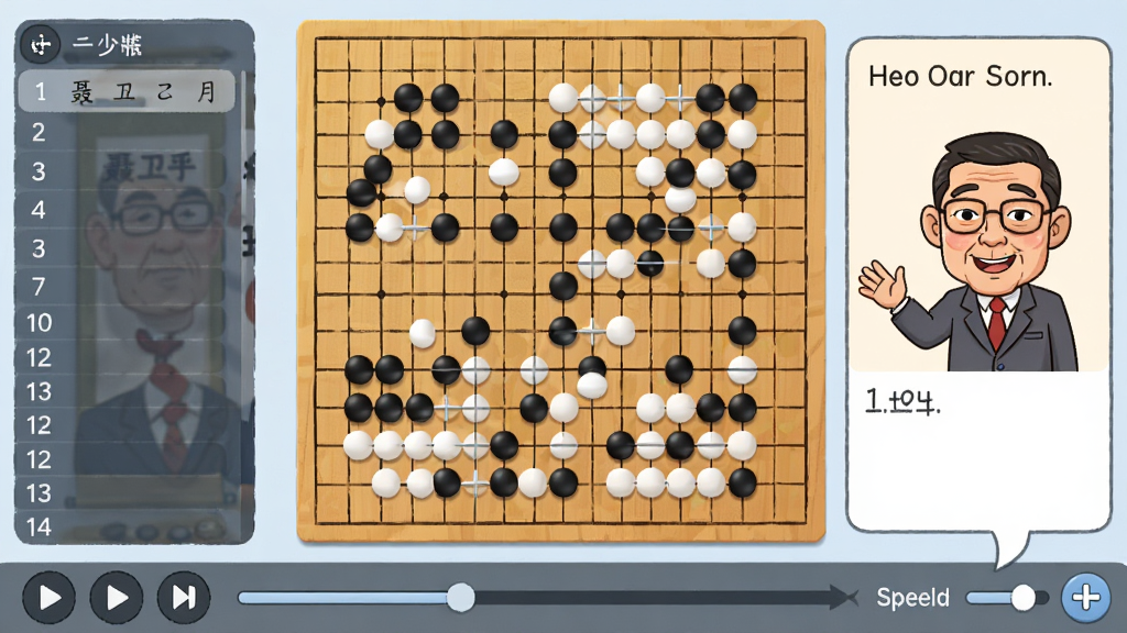聂卫平少儿围棋棋谱复盘界面,画面中央是标准围棋棋盘,棋盘上分布着黑白棋子,左侧显示棋谱手数列表,右侧是聂卫平卡通形象正在讲解的对话框,底部有播放控制条和速度调节按钮,整体布局专业而不失童趣,画质高清,界面干净整洁