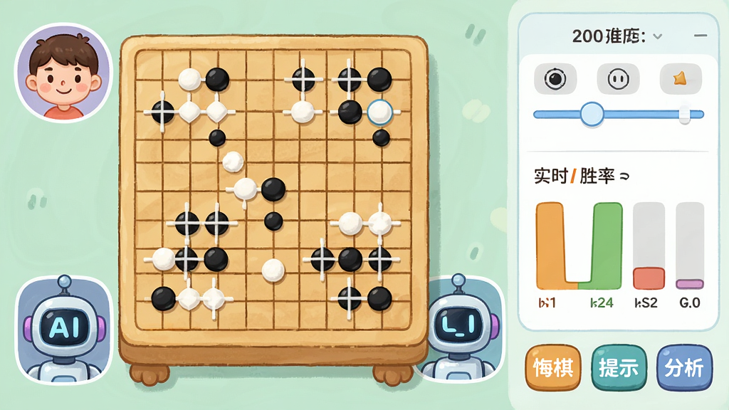 聂卫平少儿围棋AI对弈界面,画面显示一个卡通风格的围棋棋盘,两侧分别是儿童玩家头像和机器人AI头像,棋盘上有黑白棋子正在对弈,右侧面板显示难度选择滑块和实时胜率条,底部有