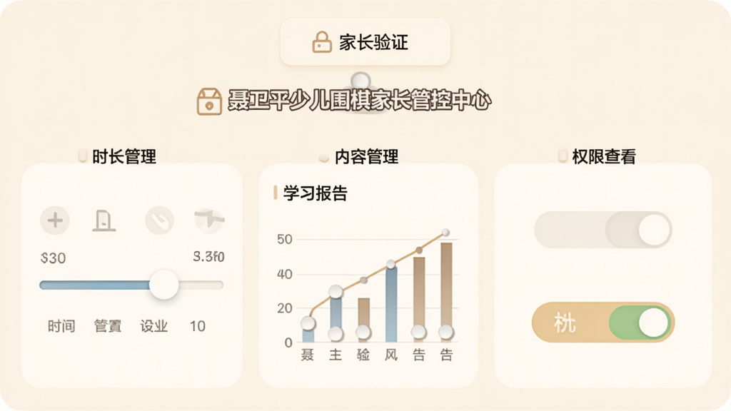 聂卫平少儿围棋家长管控中心界面,画面显示时间设置滑块、学习报告图表和权限开关按钮,顶部有