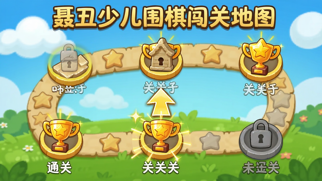 聂卫平少儿围棋闯关地图界面,画面展示一条蜿蜒的卡通路径,路径上分布着多个关卡节点,已通关的节点显示金色星星和奖杯图标,当前关卡有闪烁的箭头提示,未解锁关卡呈灰色锁定状态,背景是蓝天白云和绿色草地,整体风格活泼可爱,画质清晰明亮