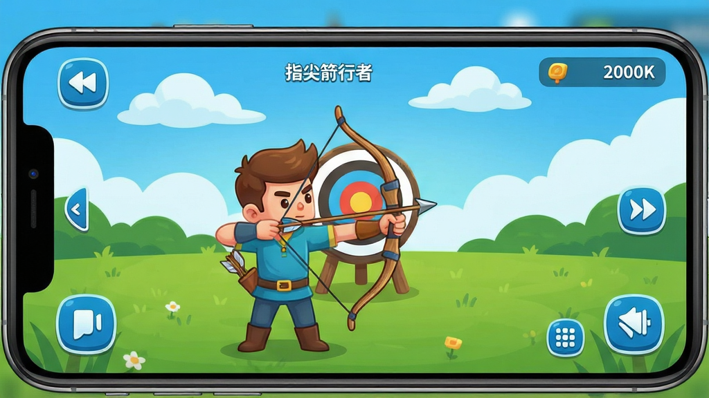 一张展示手机屏幕中射箭游戏画面的图片,画面中央是一位卡通风格的弓箭手站在靶场中央,手中拉满弓弦,箭矢瞄准远处的圆形靶心。背景是蓝天白云和绿色草地,屏幕四周有简约的游戏UI按钮和分数显示。整体风格清新明快,色彩以蓝绿为主,画面干净整洁,画质高清,无多余元素,图片中文字标注“指尖箭行者”。