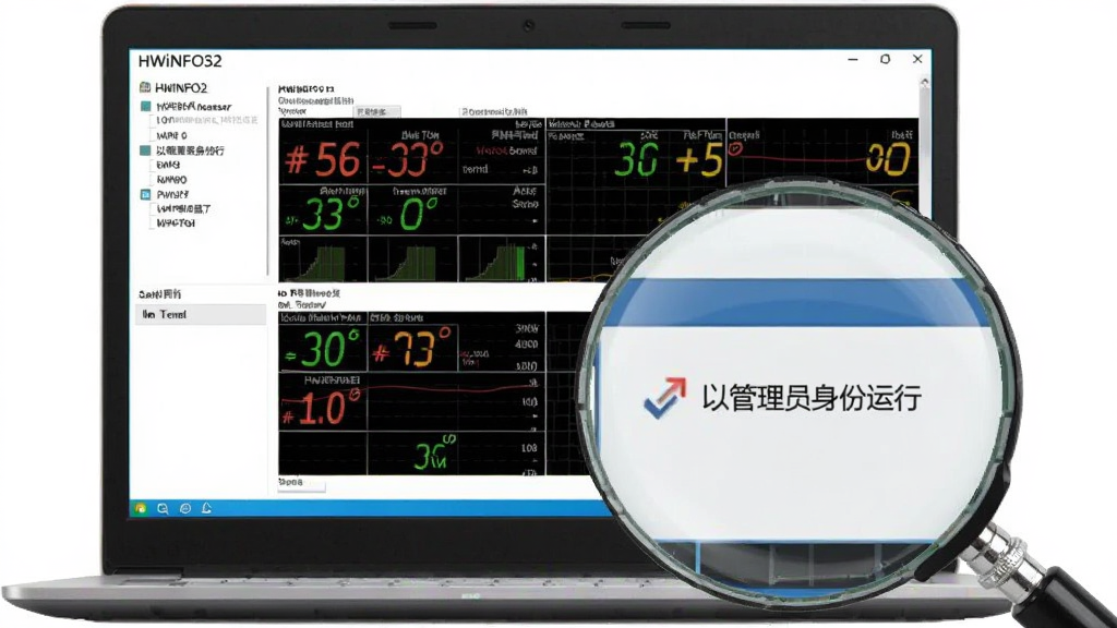 主体是一台笔记本电脑屏幕显示HWiNFO32传感器监控界面,旁边放置一个放大镜,布局为电脑居中放大镜位于右下角,排版采用对角线构图,风格为简洁教学风格,细节包括放大镜中突出显示“以管理员身份运行”的文字提示、界面中温度数值高亮等元素,画质为高清屏幕截图合成,干净无多余元素。