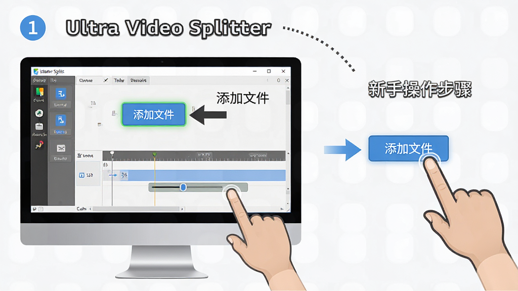 Ultra Video Splitter 新手操作步骤示意图,主体为电脑屏幕上显示软件界面,旁边有手指图标指向