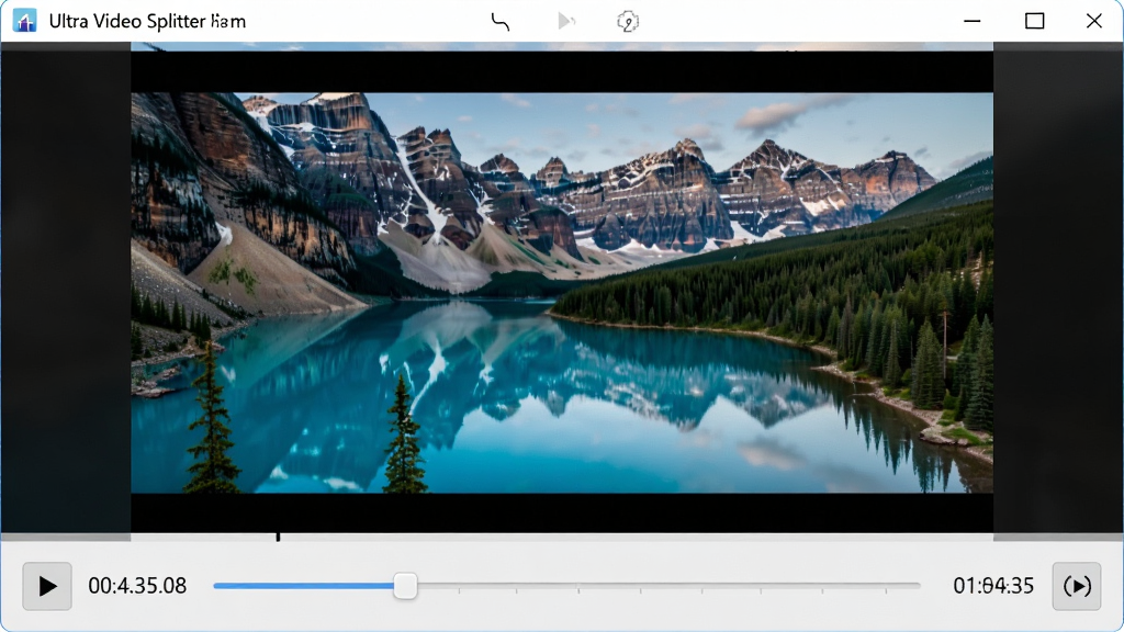 Ultra Video Splitter 实时预览功能界面图,主体为软件窗口中的视频预览区域,画面显示一帧风景视频,下方有时间轴滑块和逐帧按钮;布局为上下结构,预览区在上方;排版简洁;风格为现代播放器 UI 风格;细节包括播放按钮、时间码显示、进度条;画质高清,干净,无多余元素