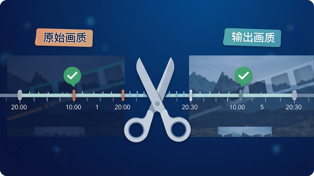 Ultra Video Splitter 无损切割功能展示图,主体为一条视频时间轴被剪刀图标精准切开,两侧分别显示