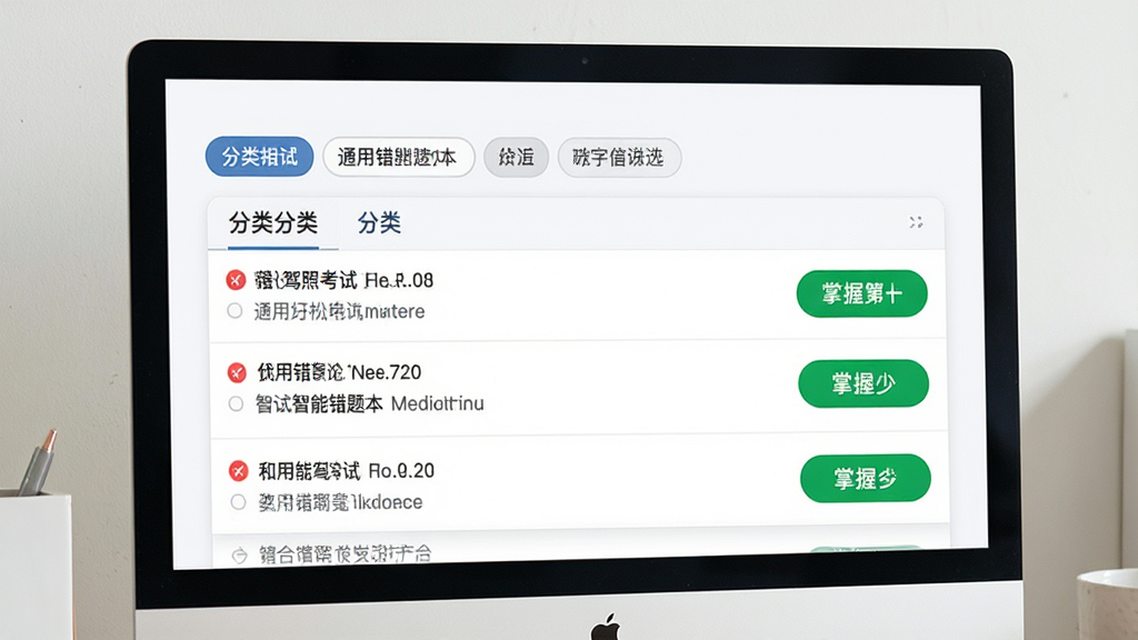 通用驾照考试应试通智能错题本功能展示图,画面主体为电脑屏幕特写,屏幕中显示错题列表和分类标签,布局为上下结构,上方为分类筛选按钮,下方为错题详情,风格为清爽学习风,细节包括红色错题标记和绿色掌握按钮,画质清晰,干净,无多余元素
