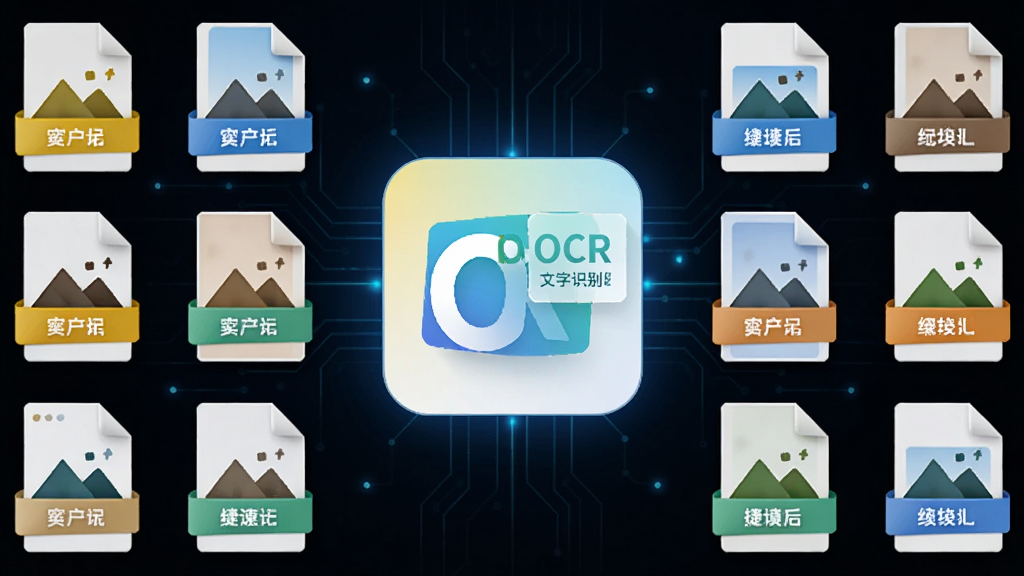 捷速OCR文字识别软件多格式识别功能展示图,画面中央为软件图标与多种图片格式图标环绕排列,布局对称,风格现代科技感,细节清晰,画质干净无多余元素