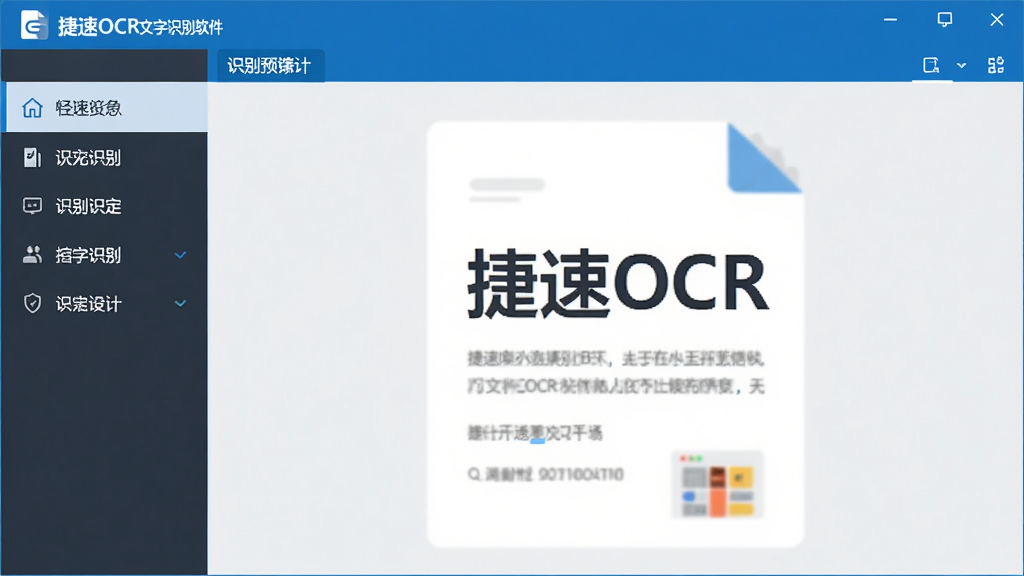 捷速OCR文字识别软件主界面,整体布局为左侧功能导航栏与右侧识别预览区,界面风格简洁商务,色彩以蓝白为主,画面干净整洁,无多余元素,高清画质