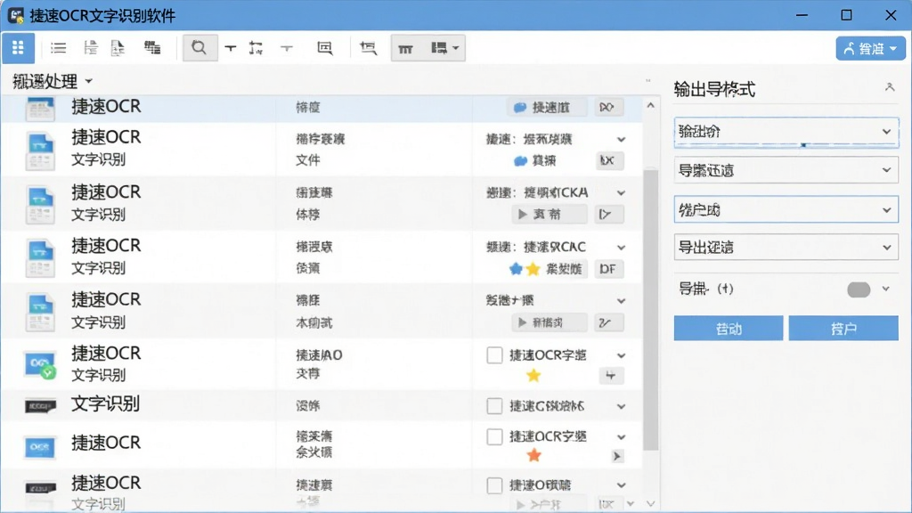 捷速OCR文字识别软件批量处理界面,画面显示多个文件列表与导出格式选项,布局清晰有序,风格商务简约,细节丰富,画质干净无多余元素