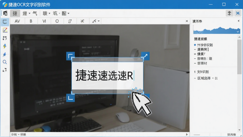 捷速OCR文字识别软件区域选择功能演示图,画面展示鼠标框选图片局部区域并识别出文字的过程,布局直观,风格简洁明了,画质高清干净
