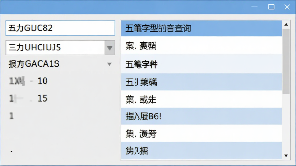 五笔字型拼音查询器反查功能界面图,画面展示输入五笔编码后列出对应汉字候选的界面,左侧为编码输入框,右侧为汉字列表,整体布局清晰,采用浅灰色与蓝色搭配,画质干净,无多余元素