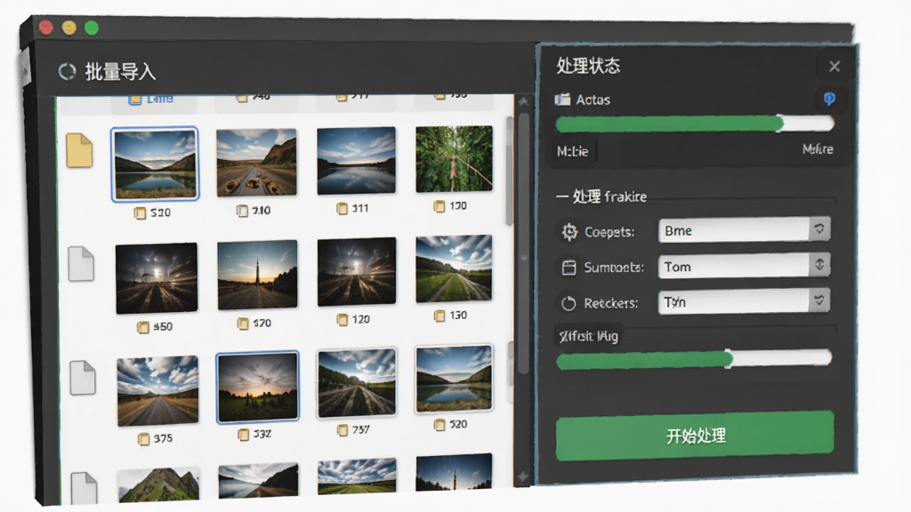 三维立体图像制作大师批量处理功能展示图,主体为批量导入图片列表与处理进度条,布局左侧文件列表右侧处理状态,排版清晰,风格为软件操作界面,细节包含多张图片缩略图、统一参数设置框和开始处理按钮,画质高清,干净,无多余元素