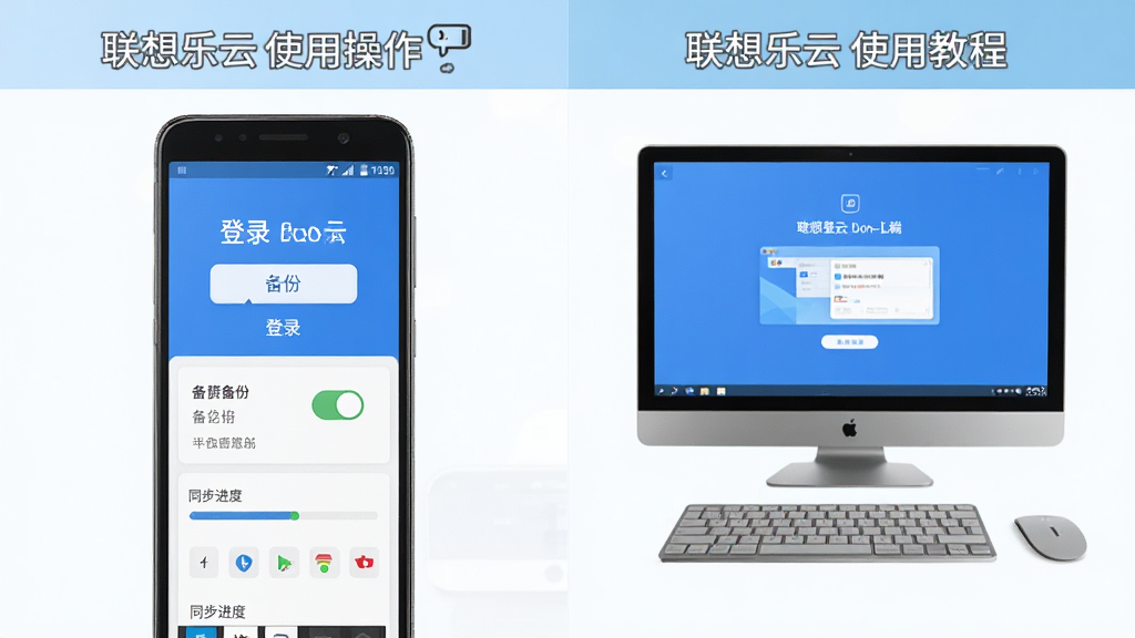 联想乐云使用教程示意图,画面分为左右两栏,左栏为手机端操作步骤截图风格,右栏为电脑端操作步骤截图风格,布局为并列对比式,排版清晰,风格为教程图解风,细节包括登录界面、备份开关、同步进度条,画质干净无多余元素