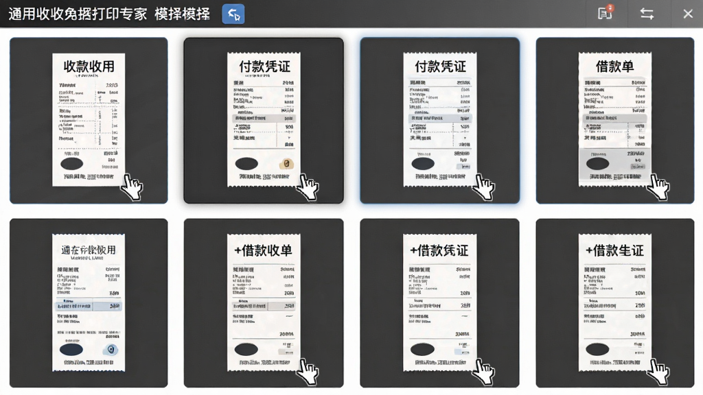 一张展示通用收据打印专家模板选择界面的图片,画面上整齐排列着多张不同样式的收据缩略图,有收款收据、付款凭证、借款单等,界面风格简洁直观,布局为网格状排列,细节展示鼠标悬停高亮效果,画质清晰,干净,无多余元素