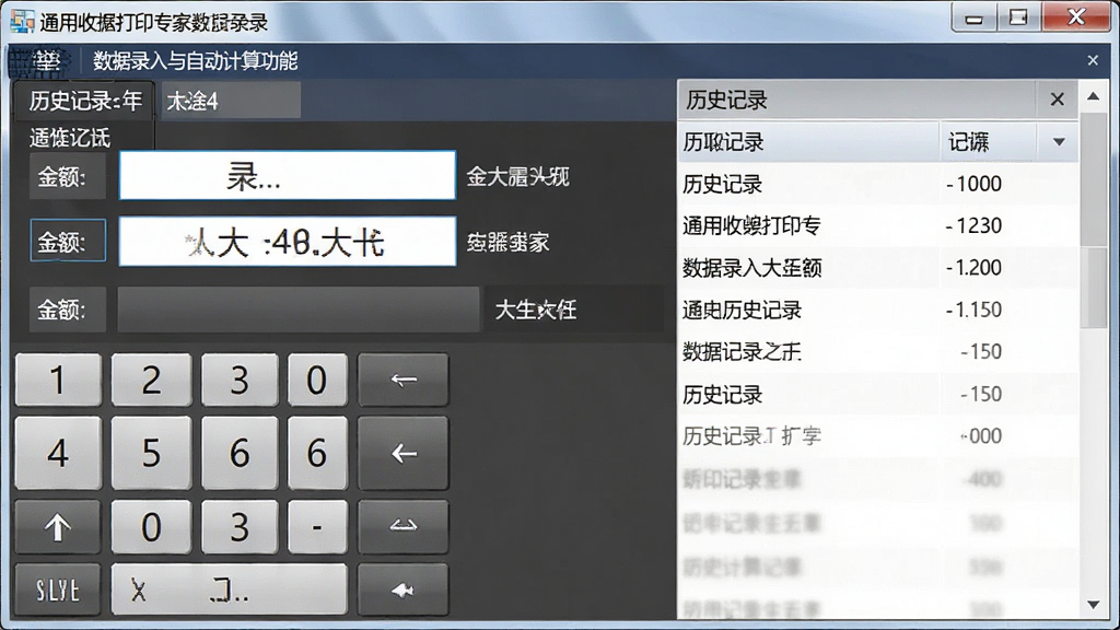 一张展示通用收据打印专家数据录入与自动计算功能的图片,画面展示软件界面中金额输入框自动生成中文大写金额的过程,旁边有历史记录列表,界面风格为商务办公风,布局为左右分栏,细节包含数字键盘和记录滚动条,画质清晰,干净,无多余元素