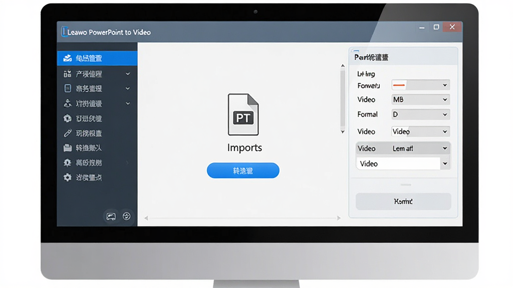 一张电脑屏幕展示 Leawo PowerPoint to Video 软件主界面,界面中央是文件导入区域与转换参数设置面板,左侧是功能导航栏,整体布局清晰,排版整洁,风格为现代简约科技风,细节包括蓝色高亮按钮、PPT文件图标、视频格式下拉菜单,画质清晰,干净,无多余元素
