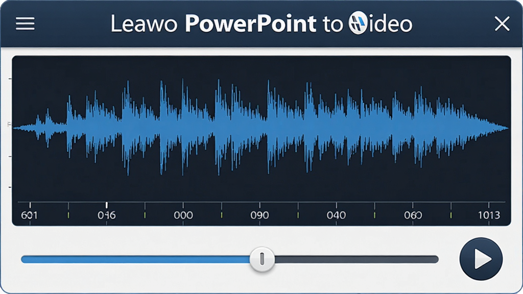 一张 Leawo PowerPoint to Video 音频编辑功能示意图,画面展示音频波形图与音量调节滑块,布局为上下结构,风格专业简洁,细节包括蓝色波形、时间轴刻度、播放按钮,画质清晰,干净,无多余元素