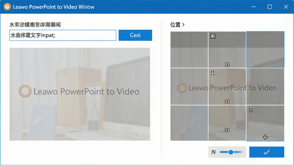 一张 Leawo PowerPoint to Video 水印设置界面图,画面展示水印文字输入框与位置调整九宫格,布局为左右分栏,风格简洁大方,细节包括半透明水印预览效果、蓝色确认按钮,画质高清,干净,无多余元素