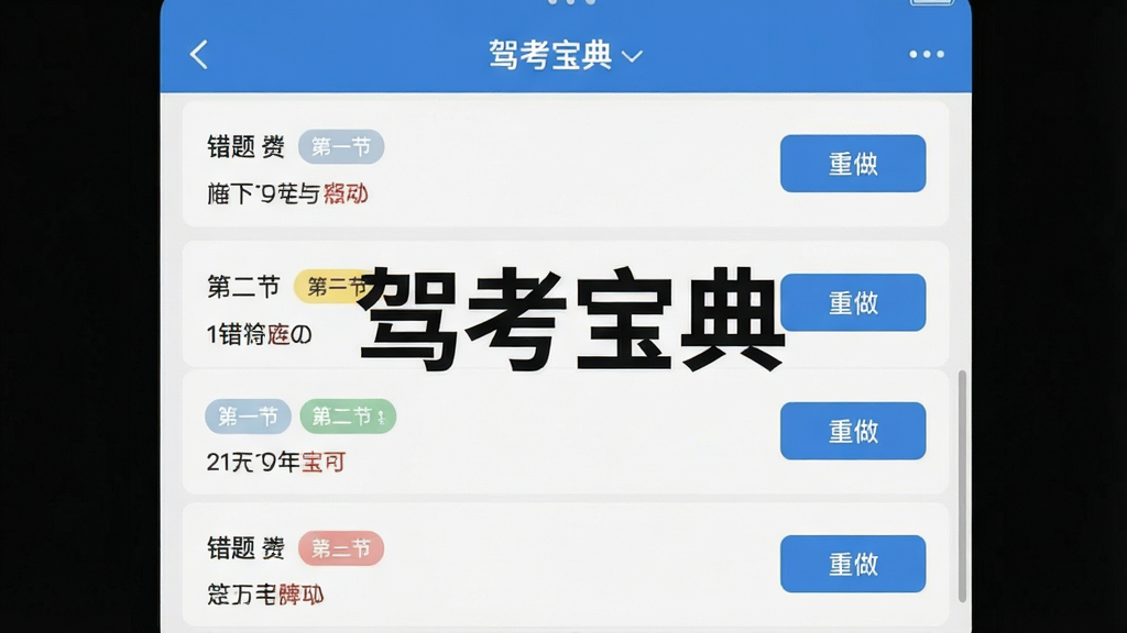 驾考宝典错题本功能界面展示,画面中央为软件名称“驾考宝典”,主体为错题列表页面,布局为列表式,排版规整,风格清新,细节包含错题数量、章节标签、重做按钮,画质清晰,干净,无多余元素