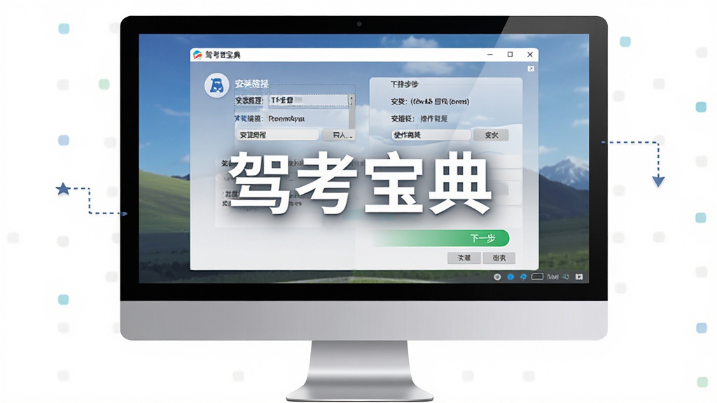 驾考宝典电脑端安装使用教程示意图,画面中央为软件名称“驾考宝典”,主体为电脑屏幕显示安装界面和操作步骤,布局为左右分栏,排版清晰,风格教程类,细节包含安装路径选择、下一步按钮、进度条,画质高清,干净,无多余元素