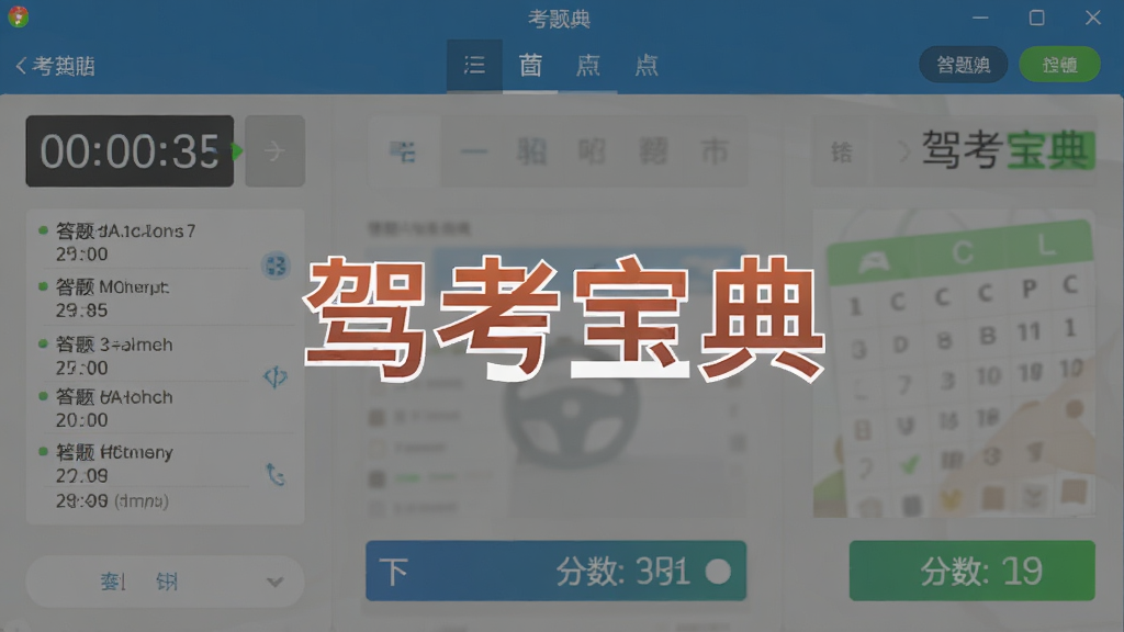 驾考宝典模拟考试界面展示,画面中央为软件名称“驾考宝典”,主体为考试答题界面,布局为上下结构,排版清晰,风格简洁,细节包含计时器、答题卡、分数显示,画质高清,干净,无多余元素