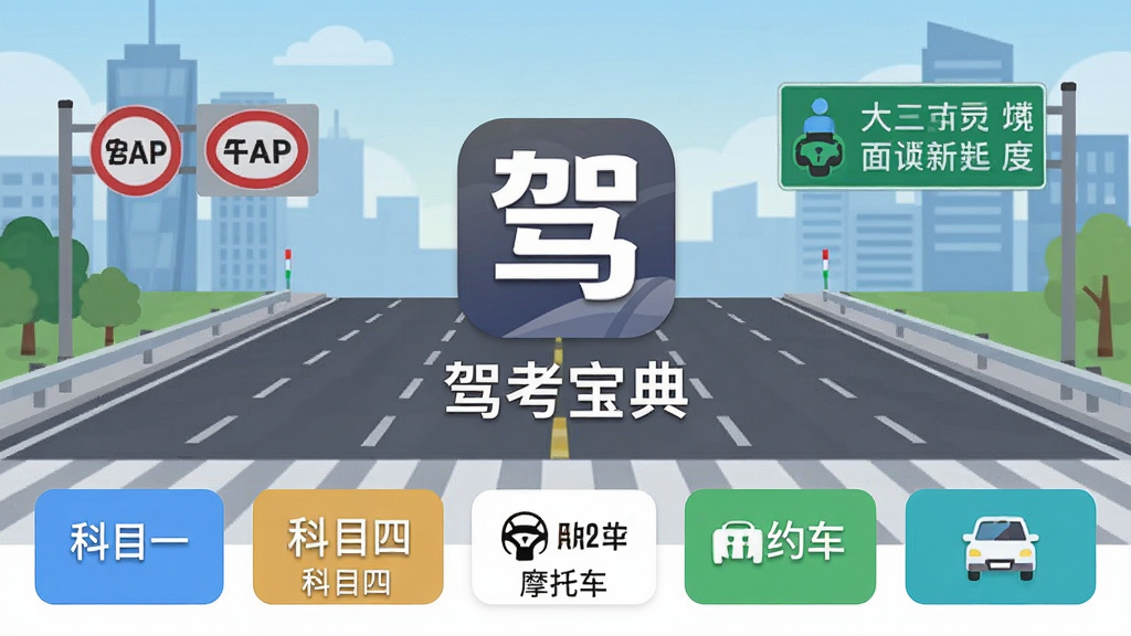 驾考宝典软件主界面全貌展示,画面中央为软件图标和名称“驾考宝典”,背景为城市道路与交通标志,主体突出,布局居中,排版简洁,风格现代扁平化,细节包含科目一、科目四、摩托车、网约车等模块入口按钮,画质高清,干净,无多余元素