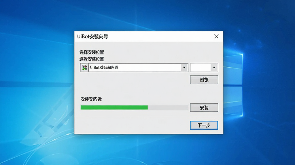 主体为电脑屏幕上显示UiBot安装向导界面,布局为居中弹窗式构图,排版简洁,风格为Windows标准安装界面风格,细节包括安装路径选择框、浏览按钮、安装按钮、进度条,界面文字为中文“UiBot安装向导”“选择安装位置”“下一步”,画质高清、干净、无多余元素