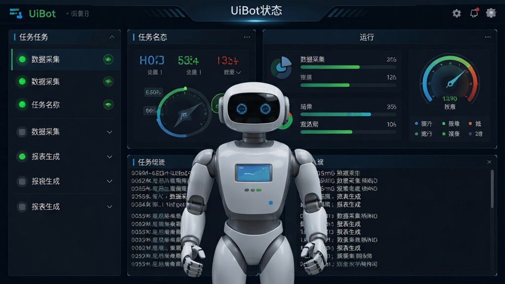 主体为UiBot机器人执行监控面板,布局为左侧任务列表、右侧运行状态仪表盘,排版对称均衡,风格为深色科技感数据大屏风格,细节包括绿色运行指示灯、进度条、日志滚动窗口、任务名称文字“数据采集”“报表生成”,画质高清、干净、无多余元素