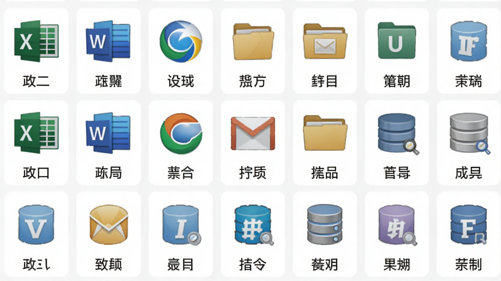 主体为UiBot指令库面板的局部特写,布局为网格状图标排列,排版整齐密集,风格为简洁明快的软件界面风格,细节包括Excel、Word、浏览器、邮件、文件夹、数据库等不同类别的指令图标,图标下方带有中文名称标签,画质高清、干净、无多余元素