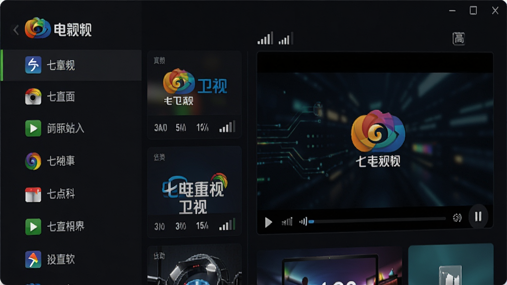 主体是七彩盒软件界面特写,布局为频道分类网格,排版为左侧频道列表右侧播放预览窗口,风格是深色主题科技感,细节包括央视台标、卫视台标、高清标识、信号强度图标,画质高清,干净,无多余元素