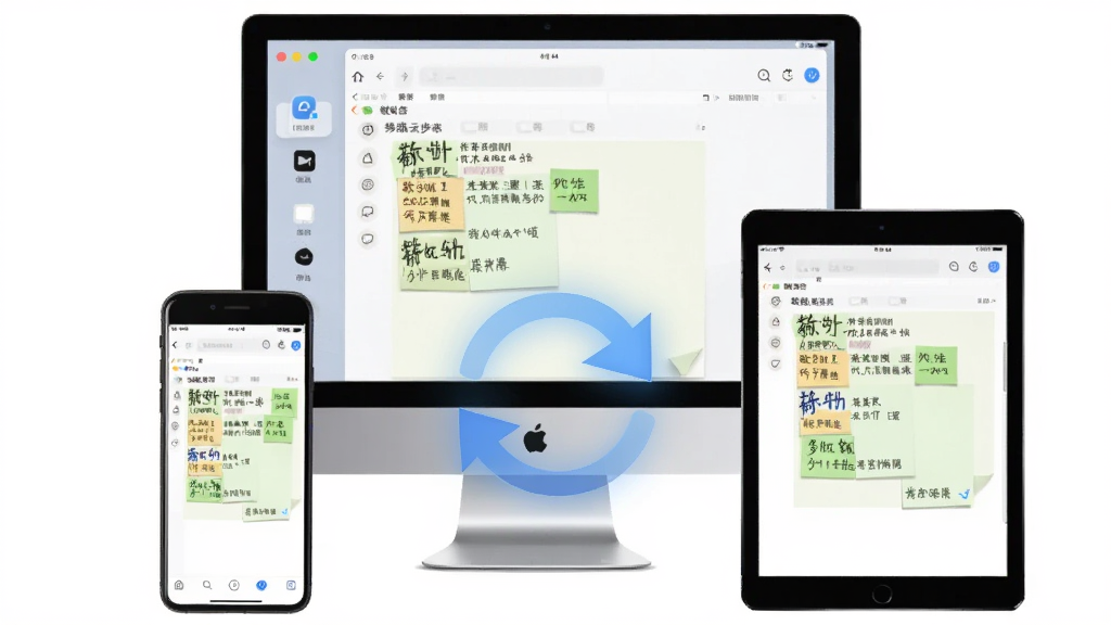 敬业签多端云同步功能展示,主体为电脑、手机、平板三台设备环绕排列,布局呈三角构图,排版居中突出同步箭头图标,风格科技简约,细节展示设备屏幕上的便签内容一致,画质清晰干净无多余元素