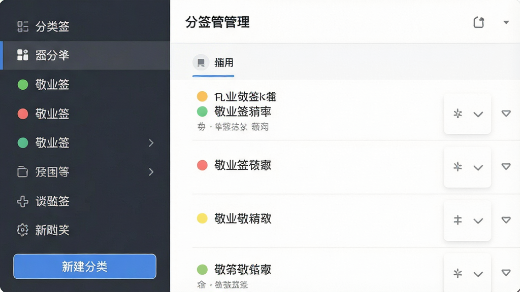敬业签分类标签管理界面,主体为左侧分类导航栏与右侧便签列表,布局清晰分栏,排版整齐,风格清爽简约,细节包含彩色标签圆点、分类名称文字、新建分类按钮,画质干净无多余元素