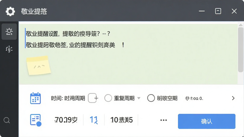 敬业签定时提醒功能界面,主体为便签编辑窗口中的提醒设置面板,布局上方为便签内容下方为时间选择器,排版紧凑合理,风格办公实用,细节包含日历图标、重复周期选项、确认按钮,画质高清干净无多余元素