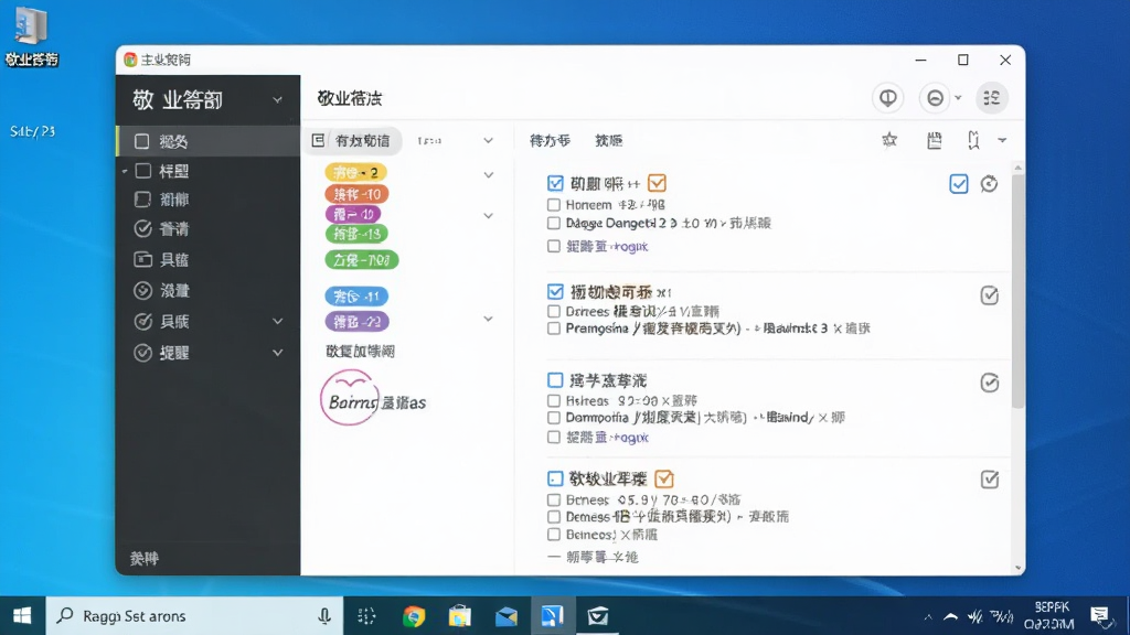 敬业签软件主界面全貌展示,主体为电脑桌面上的便签应用窗口,布局左侧为分类列表右侧为便签内容区,排版整齐清晰,风格简约商务,细节包含彩色标签、待办勾选框、提醒图标,画质高清干净无多余元素